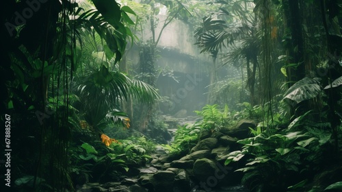 A breathtaking backdrop of a jungle teeming with lush greenery