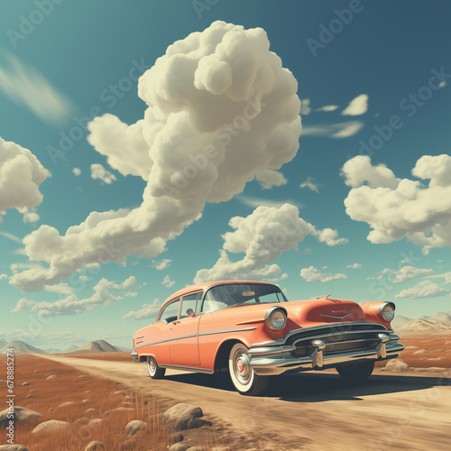 old car in desert, in the style of ethereal cloudscapes, realistic and hyper-detailed renderings, light red and amber, kitsch aesthetic, daz3d, rural america, light teal and orange.