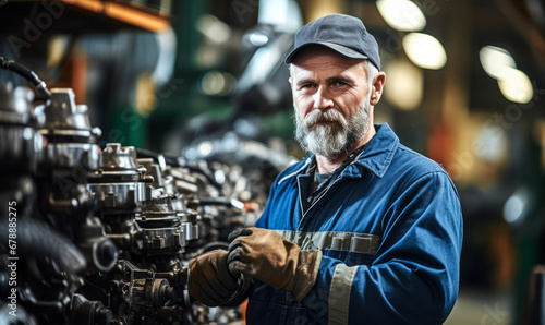 Portrait of a skilled Engine and Machine Assembler  expertly constructing engines and turbines for industry use
