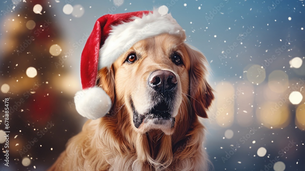 Merry Christmas and Happy New Year! Cheerful Labrador sits in a Santa Claus hat. Golden retriever wearing santa claus hat