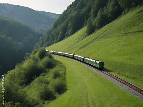 Un paisaje de un tren viajando a través de verdes montañas con frondosos árboles a los lados y más montañas de fondo en un día soleado photo