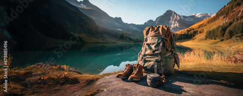 hiking backpack and boots and gear equipment for mountain and forest woods nature outdoor activity camping and holiday activity destination wild trip with lake and snow landscape banner photo