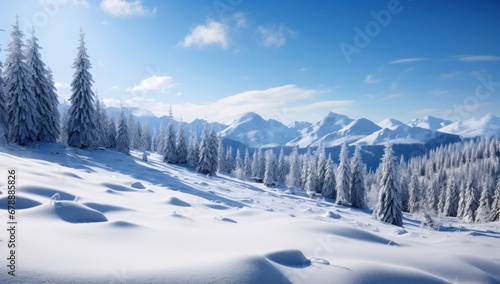 a snow scene with sunny skies and snow covered trees © olegganko