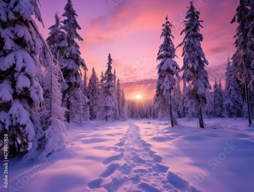 snowy trees in the forest near a beautiful purple sky