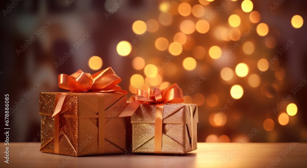 a christmas tree and two gift boxes on a table with blurred background a christmas tree and two gift boxes on a table with blurred background