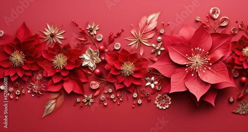 a red background with poinsettias are placed on it