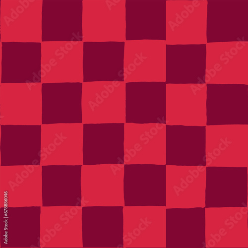 seamless repeating pattern with hand drawn checkerboard in red and burgundy. Christmas holiday tonal red checker.