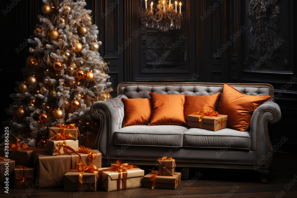 Naklejka premium Christmas background with Christmas tree, gifts and sofa against a wall