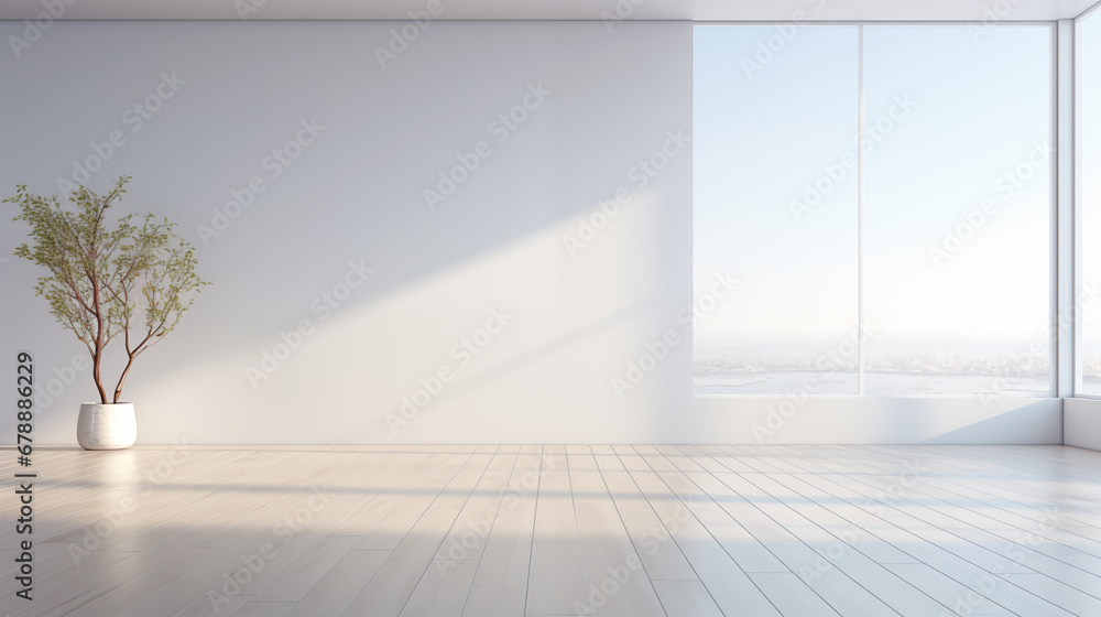 Empty modern apartment in minimalistic style with white wall, potted plant, window and free space for product or text. Generative AI. - obrazy, fototapety, plakaty 