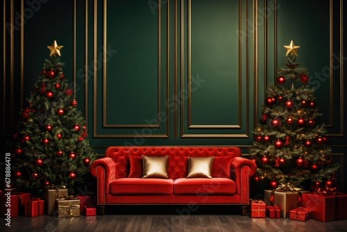 Christmas background with Christmas tree, gifts and sofa against a wall