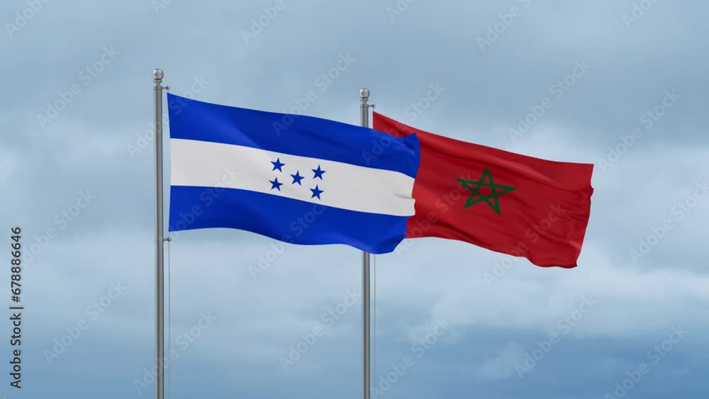 Morocco flag and Honduras flag waving together on cloudy sky, endless seamless loop, two country relations concept Morocco flag and Honduras flag waving together on cloudy sky, endless seamless loop, two country relations concept