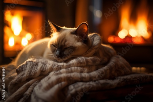 Cat Lounging on the Couch by the Fireplace, Surrounded by a Warm, Blurred Ambiance