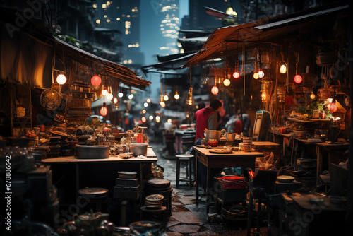 Bangkok's Traditional Street Market with Street Vendors Illuminated by Neon Lights and Modern City in the Background