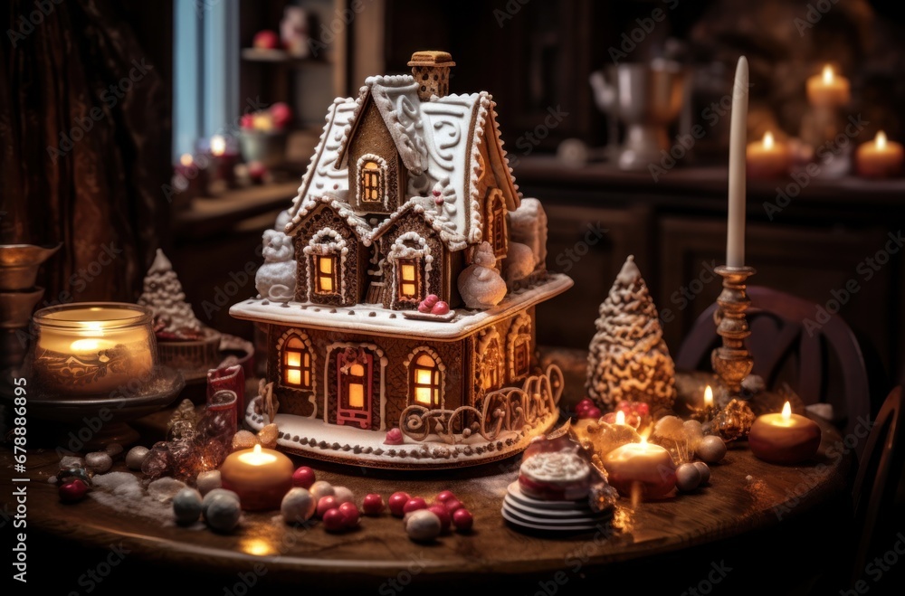 an elaborate miniature gingerbread house, illuminated by a candle