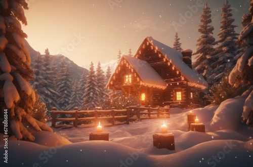 christmas scene in the snow with candle lights