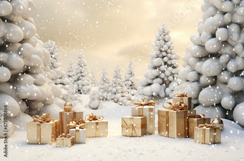 christmas presents in the snow bordered by Christmas tree
