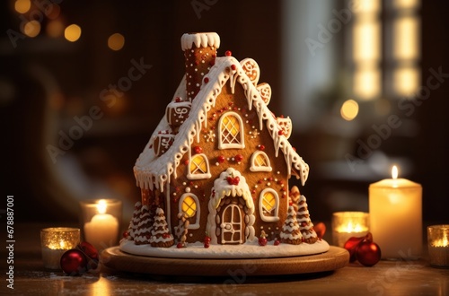 an elaborate miniature gingerbread house, illuminated by a candle
