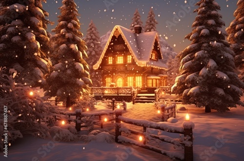 a large christmas tree is lit by snow with a cottage