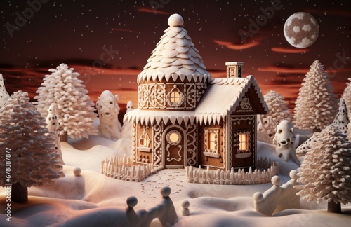 a gingerbread house and snow filled trees on the ground
