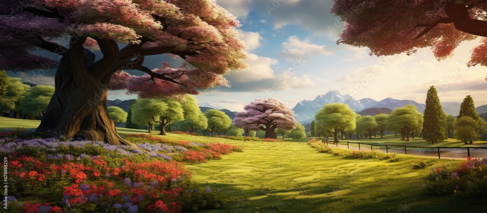 Obraz premium park amidst a picturesque landscape the vibrant green grass and leafy trees provided a beautiful background to the colorful flowers that bloomed like a patterned carpet adding the essence of