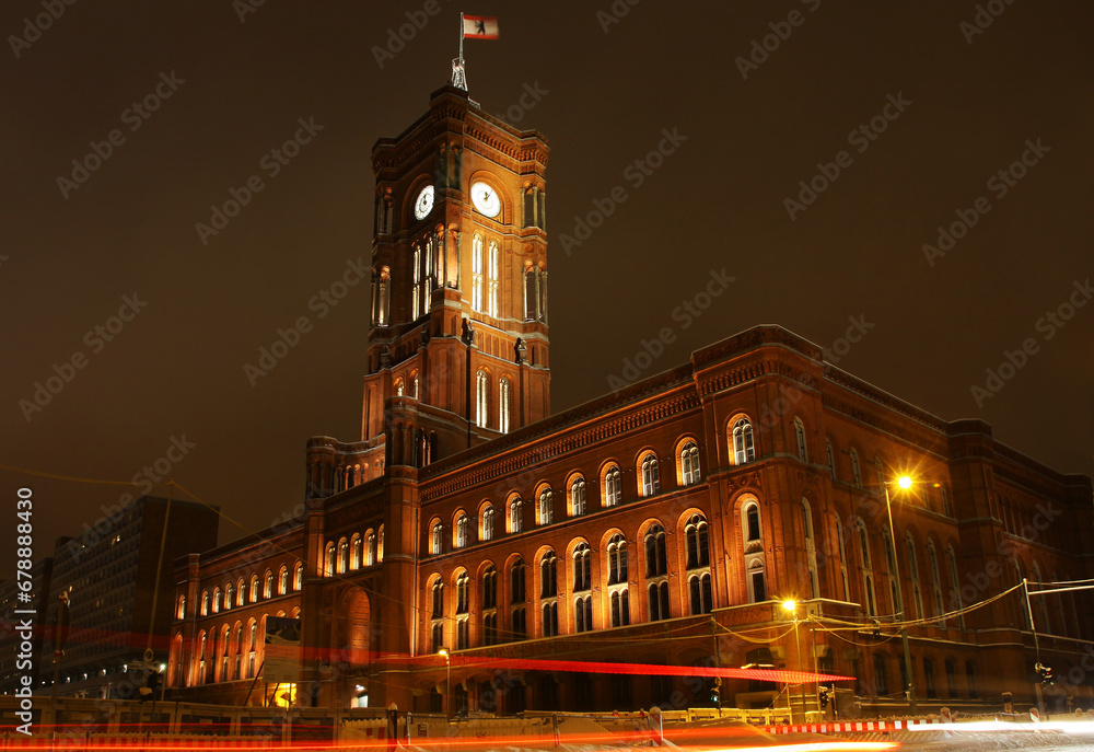 Night view of Red Town Hall (Rotes Rathaus) in Berlin, Germany