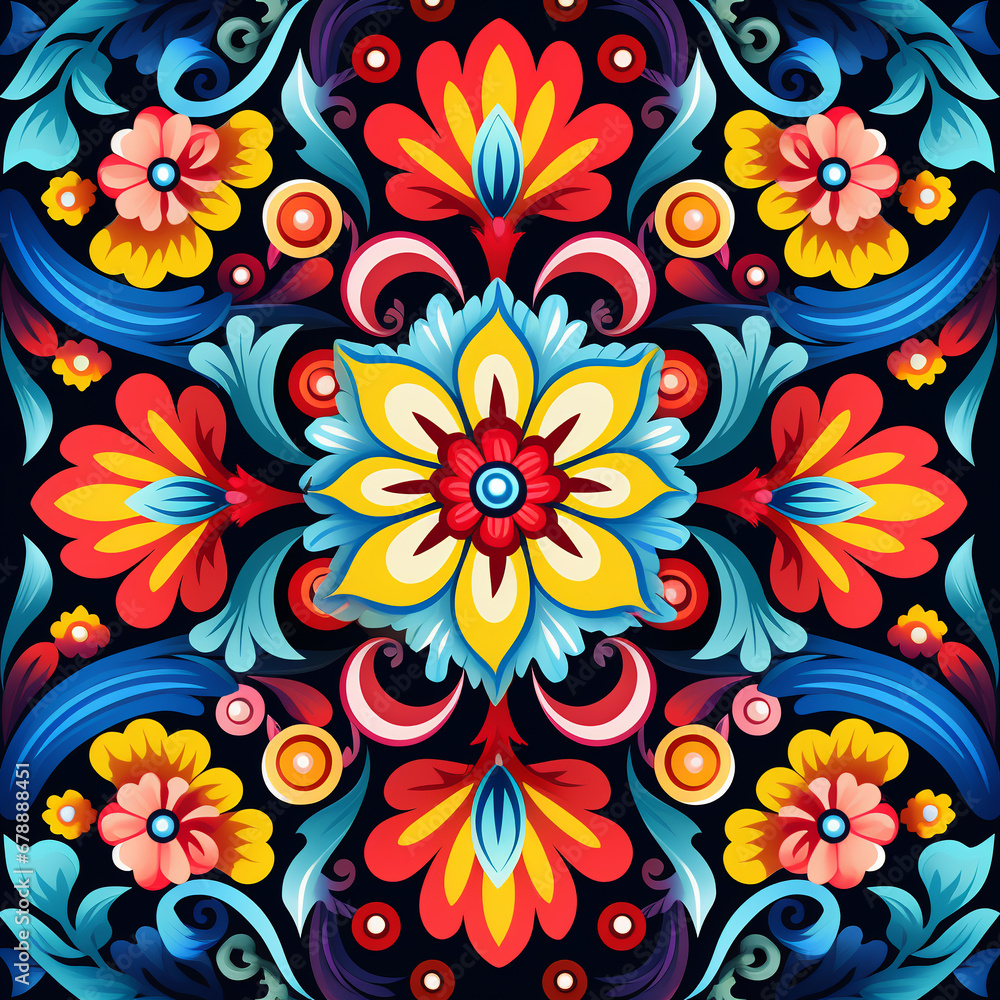 Traditional hand-painted colorful art with flowers on a black background. Folk decorative floral ornament Traditional hand-painted colorful art with flowers on a black background. Folk decorative floral ornament