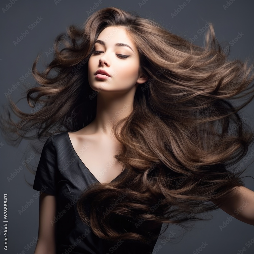 Stunning Young Woman Tossing Wavy Hair in Studio Shot: Making Hairstory with Gorgeous Hair Stunning Young Woman Tossing Wavy Hair in Studio Shot: Making Hairstory with Gorgeous Hair