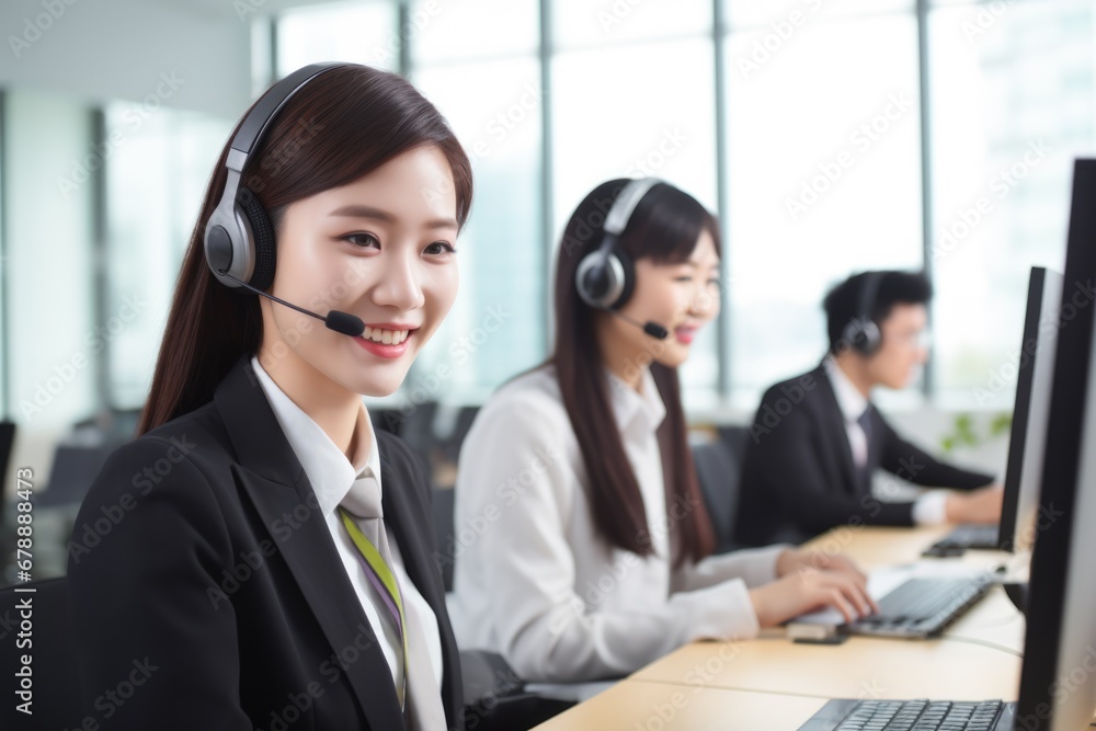 Asian Call Center Team Providing Quality Customer Support and Service to Clients in Professional Formal Suits with Headsets in Modern Office Asian Call Center Team Providing Quality Customer Support and Service to Clients in Professional Formal Suits with Headsets in Modern Office