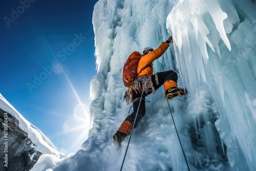 Ice Climber scaling the heights. Epic shot of a mountaineer's extreme ascent on an ice wall, armed with crampons and ice axe. Thrilling alpine sport in winter conditions