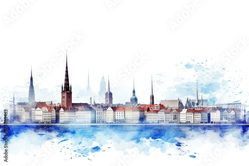 Copenhagen Skyline in White Outline. Downtown High-Rise Buildings and Houses Towering in Isolated Denmark Destination Image