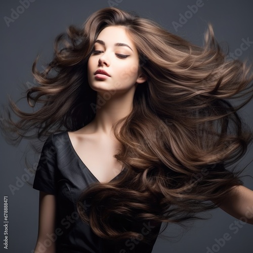 Stunning Young Woman Tossing Wavy Hair in Studio Shot: Making Hairstory with Gorgeous Hair