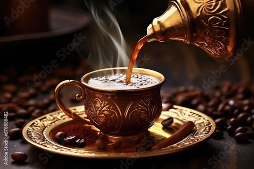 Turkish Coffee Pouring - Hot Traditional Beverage of Brewed Coffee with Unique Taste and Aroma, Perfect for Breakfast or any Time of The Day photo