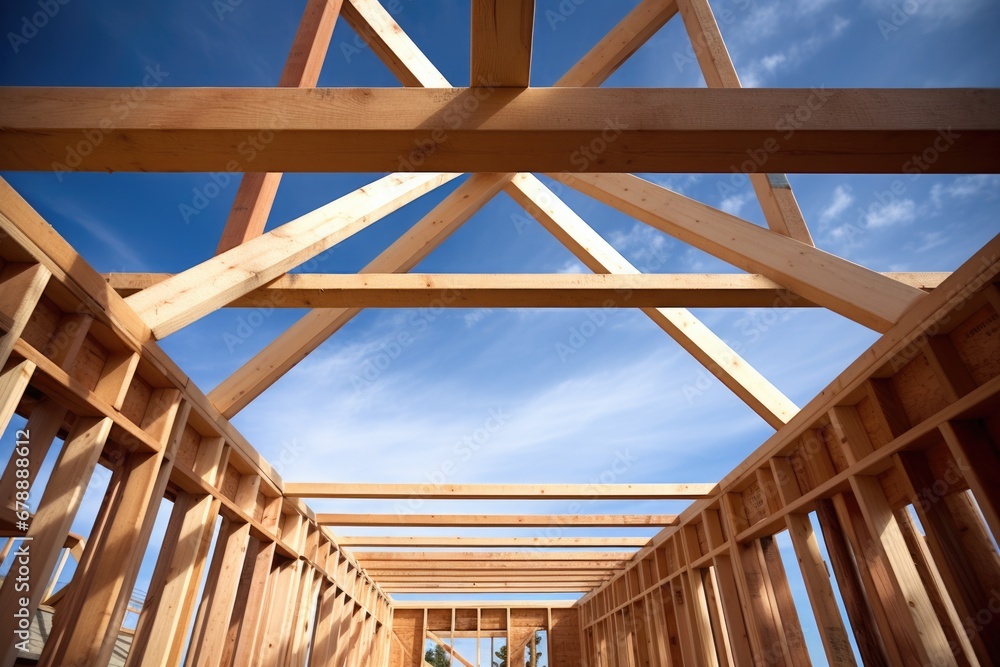 Wooden House Framing. Low Angle View of Roof Being Built with Wooden Boards Outdoors in Daylight Wooden House Framing. Low Angle View of Roof Being Built with Wooden Boards Outdoors in Daylight