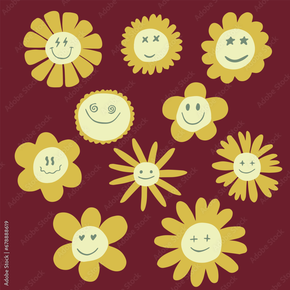 Fototapeta premium chamomile flowers with smiling faces. Kind flowers isolated on dark background. Different faces and emotions. Vector illustration