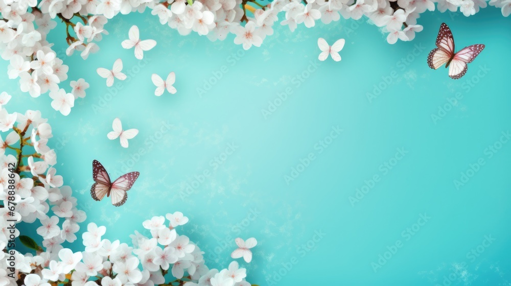 Springtime Blossoms. Beautiful Floral Background with Butterflies and Tree Blooms in Pastel Colors on Turquoise Blue, Top View Frame