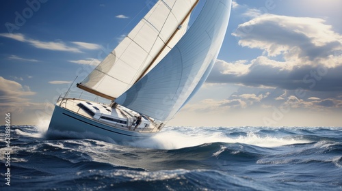 Yacht Sailing: Navigating the Wind and Waves on a Complete Course with Flapping Sails, Sleek Ropes, and Sliding Sheets © AIGen