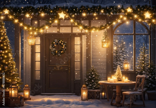antique glowing lantern  garlands and toys  create a Christmas atmosphere