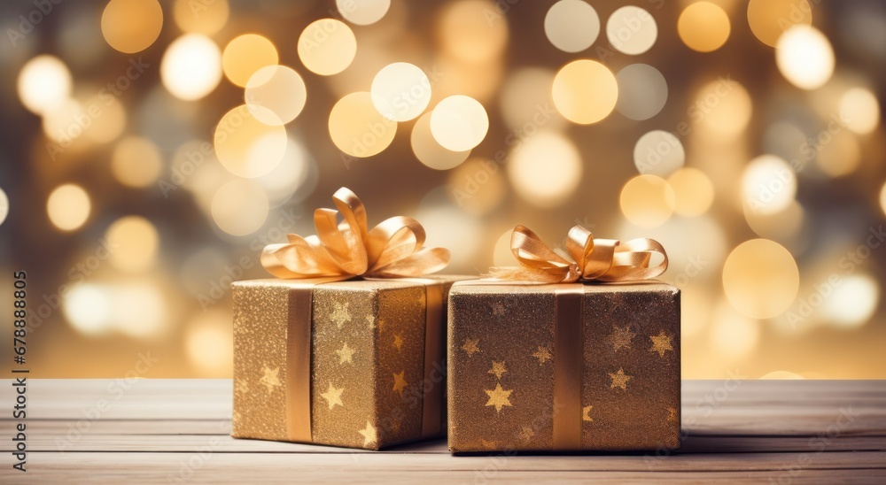 two gift boxes on a wooden table in front of a christmas two gift boxes on a wooden table in front of a christmas