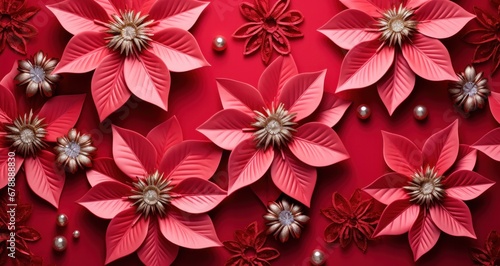 a red background with poinsettias are placed on it