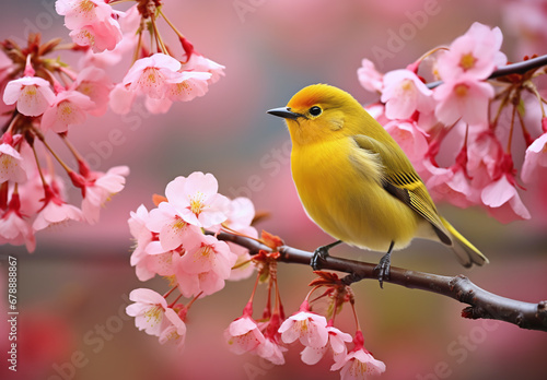 A cute yellow bird on a tree branch