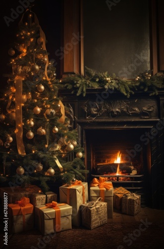 christmas tree and wrapping gifts by the fireplace © olegganko