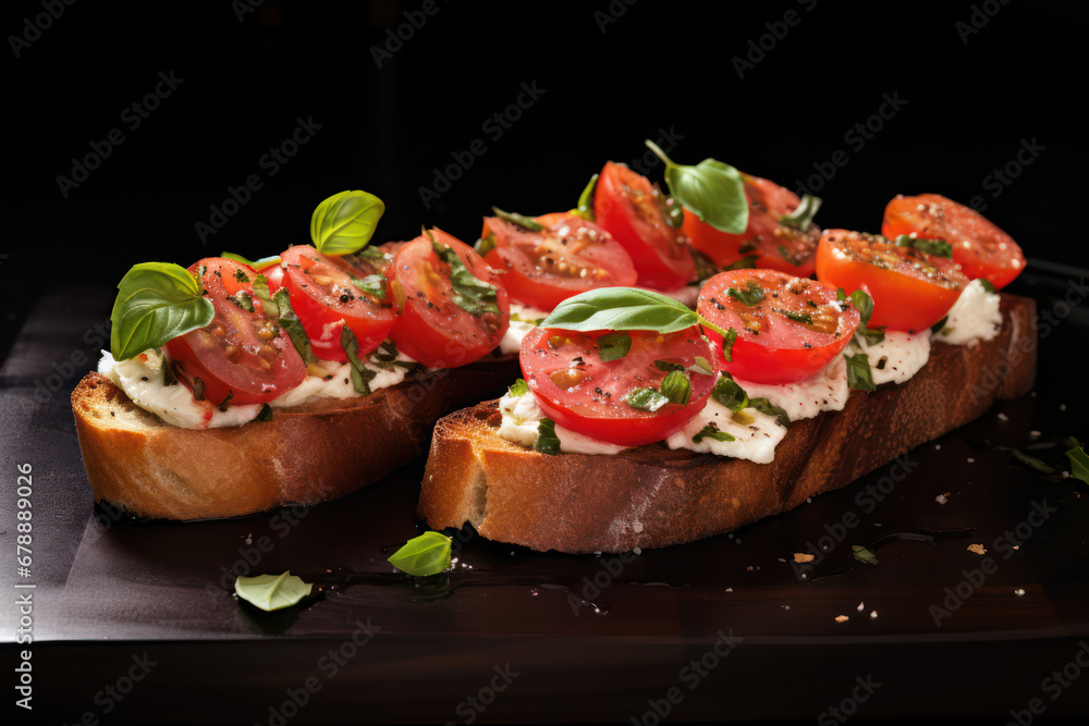 appetizer bruschetta with tomato, cheese and basil on a wood board