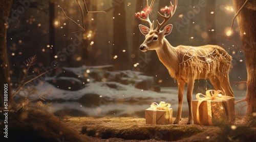 a christmas deer with gifts in the woods