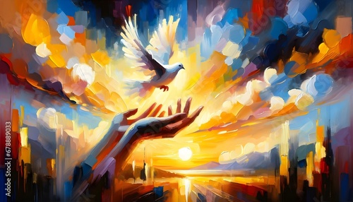 A vibrant abstract painting depicts a hand releasing a white dove into a sunburst sky above a cityscape at sunset.