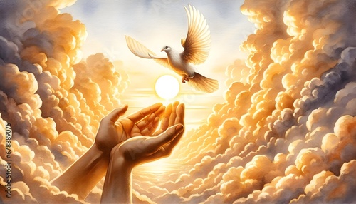 Open hands release a white dove into a golden sky filled with fluffy clouds, centered around a glowing sun. photo