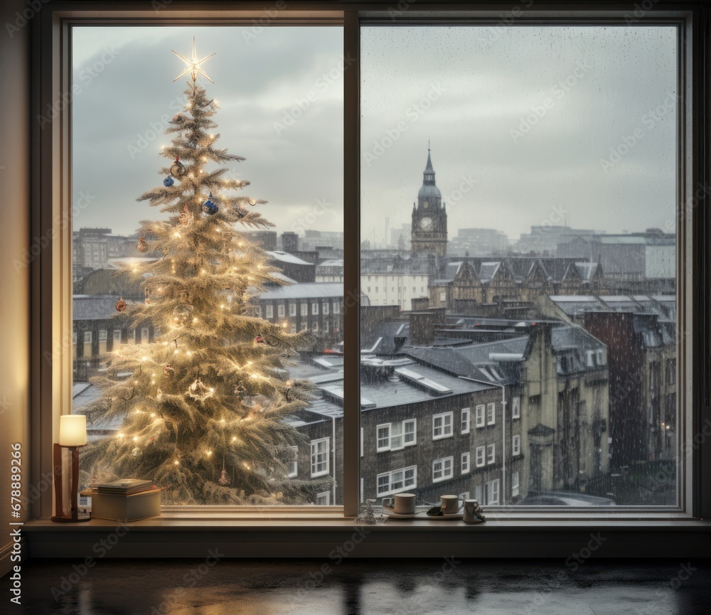 Obraz premium a white christmas tree stands outside a window of a building