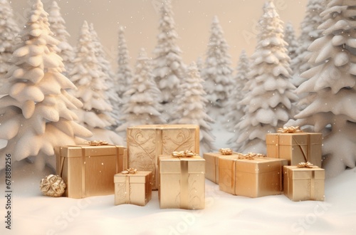 christmas presents in the snow bordered by Christmas tree
