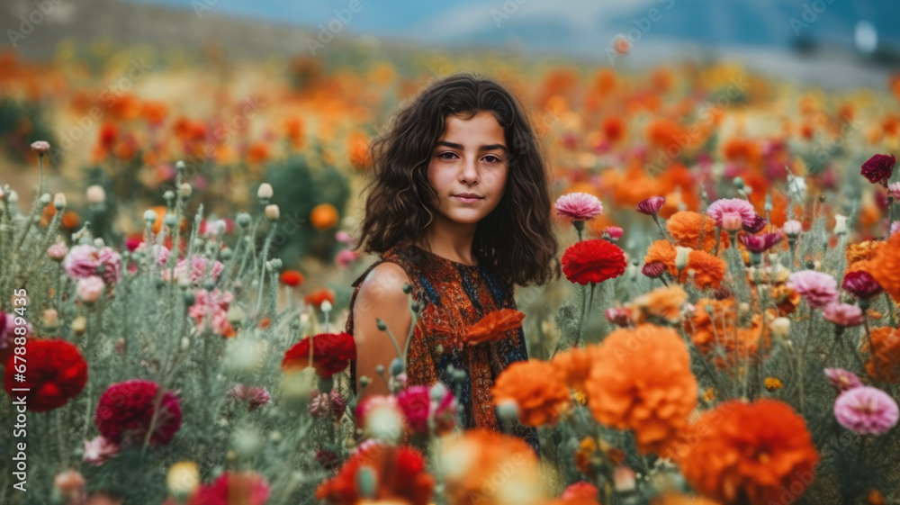 Naklejka premium Outdoor portrait of a young female model with dark brown hair standing in a vast field of colorful flowers.