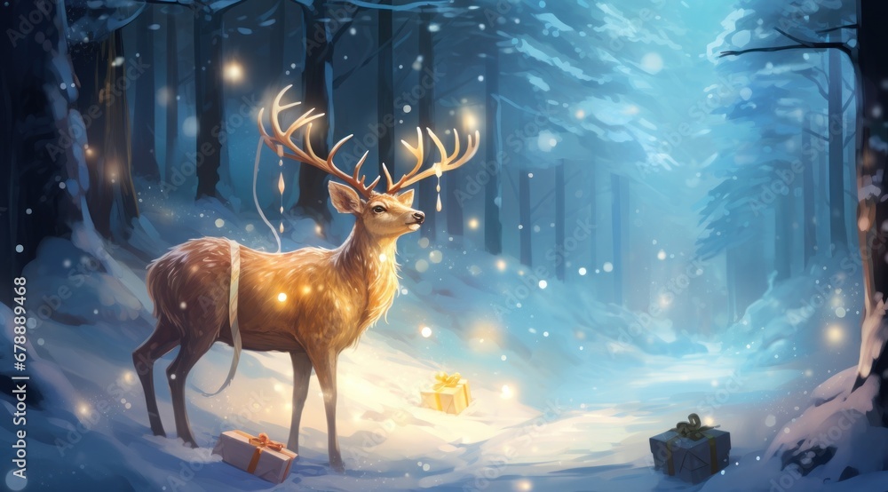a deer with many presents sitting in the snow a deer with many presents sitting in the snow