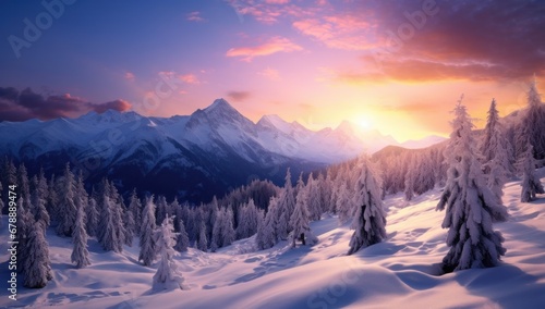 wallpapers mountain landscape with snow covered trees and sky © olegganko